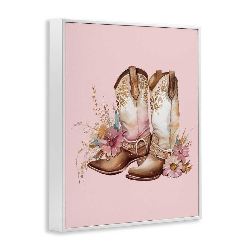 Bottes de cow-boy florales roses, art giclée par Birch & Ink, Giclée encadrée blanc bord de mer, H 14 po x l 11 po x P 1,5 po