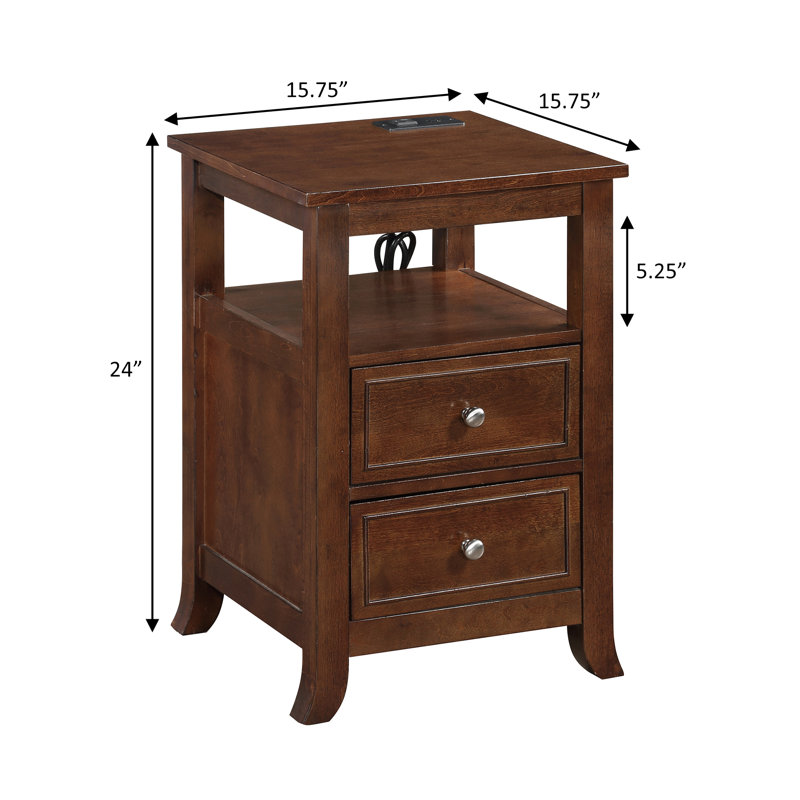 Table de bout à 2 tiroirs Ashrith 24 po avec port USB intégré, Espresso