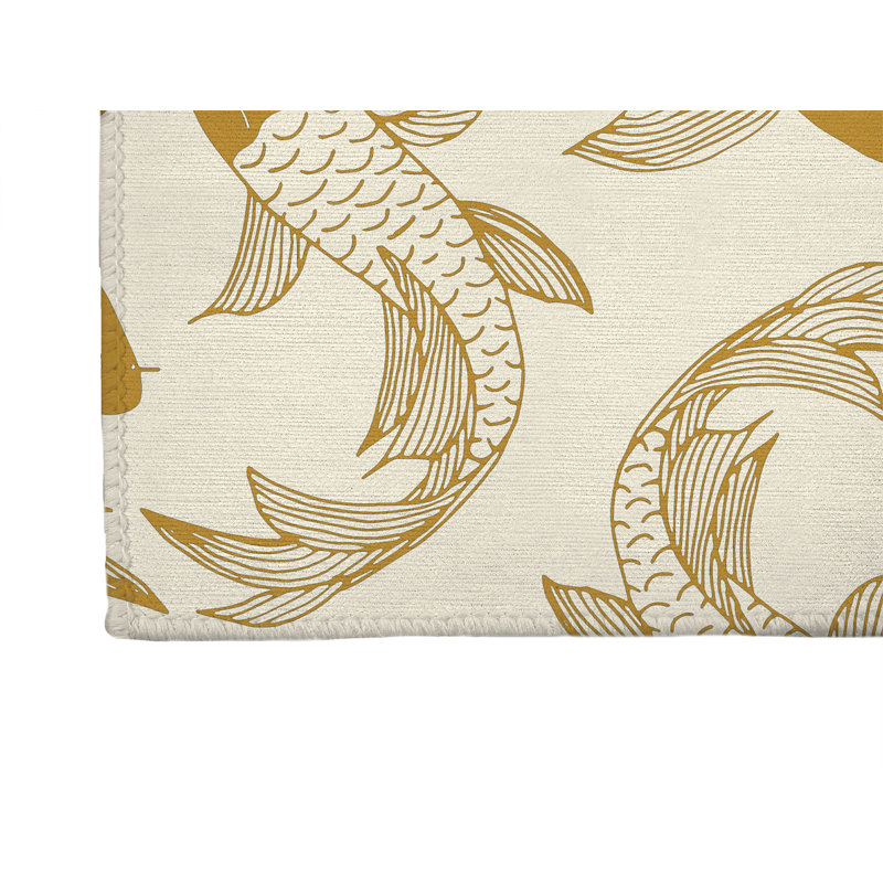 Tapis d'entrée intérieur mince, léger et antidérapant à motif de carpes koï, Ocre doré, L 60 po x L 84 po