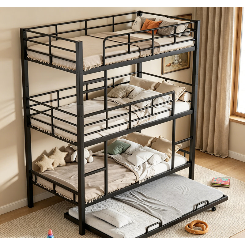Lit superposé triple en métal durable avec lit gigogne, conception peu encombrante pour les familles à plusieurs membres, noir
