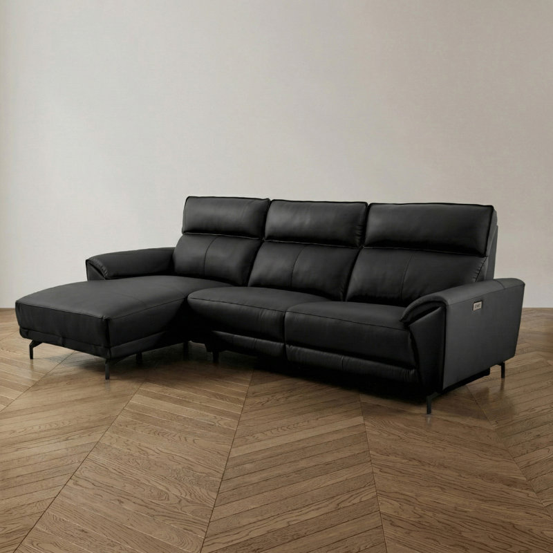 Canapé modulaire surdimensionné avec méridienne Baria, Orienté à gauche (vu de face), Cuir de grain supérieur noir