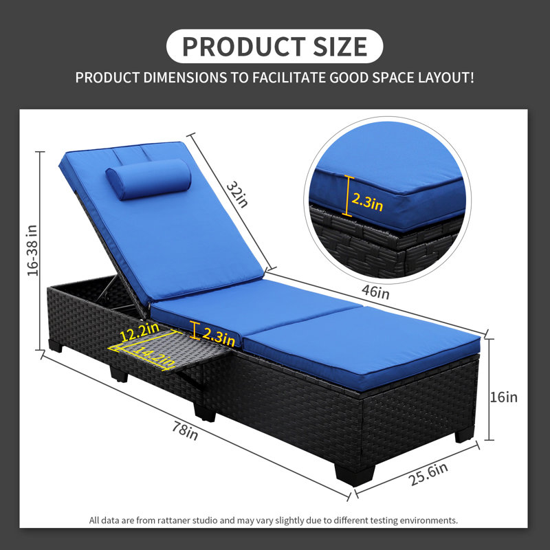 Chaise longue d'extérieur en osier avec table d'appoint pliable Persei, Bleu