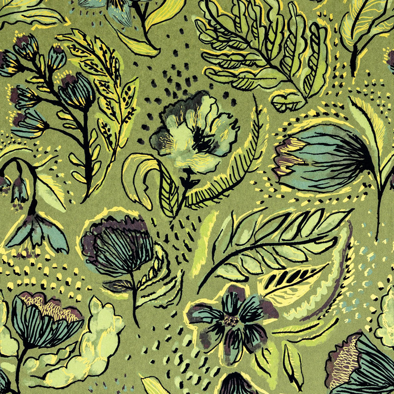 Chelchowska Pepper Collection Flocked Wild Flower Felice 10.05m x 53cm Wallpaper Roll, Yellow/Green