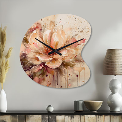 Emotions Of Beige Red Peony Flower I - Peonies Irregular Shape Metal Wall Clock, Modern Asymmetrical Wall Clock Print