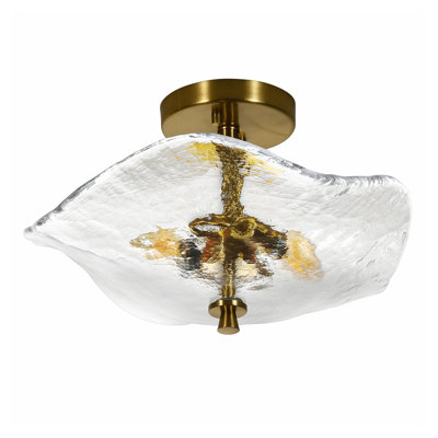 Modern Gold Semi Flush Mount Ceiling Light with Cracked Glass Shade - Elegant 2-Light Fixture for Bedroom, Bathroom & Hallway
