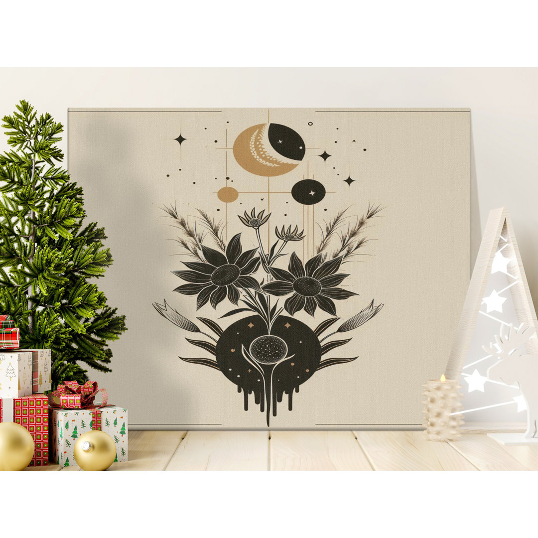 Celestial Floral Canvas Wall Art, Mystical Moon Phase Botanical Decor, Boho Witchy Home Art Print, Spiritual Gift for Her