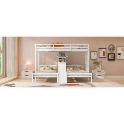 Lit superposé simple au-dessus de simple et simple avec bureau intégré et tablettes de rangement, lampe de lecture, 3 lits en 1, blanc