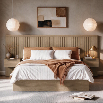 Kyros Modern 3-Piece Fluted Headboard With Floating Nightstand & Solid Wood Legs