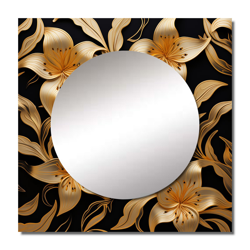 Golden Lily Flower Glam On Black VII - Lily Square Mirror Wall Decor For Bedroom, 36" x 36"