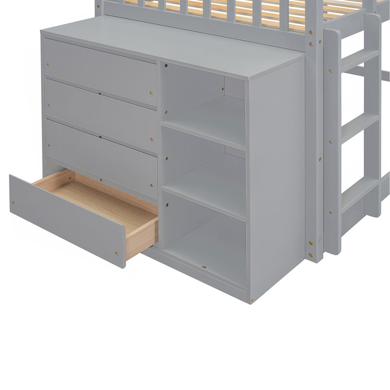 Lit superposé simple au-dessus de simple avec 4 tiroirs et 3 tablettes - gris, Gris