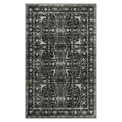 Machine Washable Vintage Oriental Area Rug Non-Slip Backing Black/Beige/Grey Indoor Carpet for Living Room, Bedroom, Hallway Runner