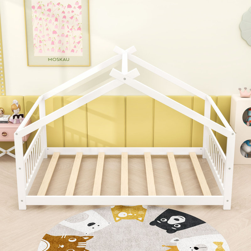 Lit de maison en bois avec toit, maisonnette semi-fermée, Blanc, Complet/Double