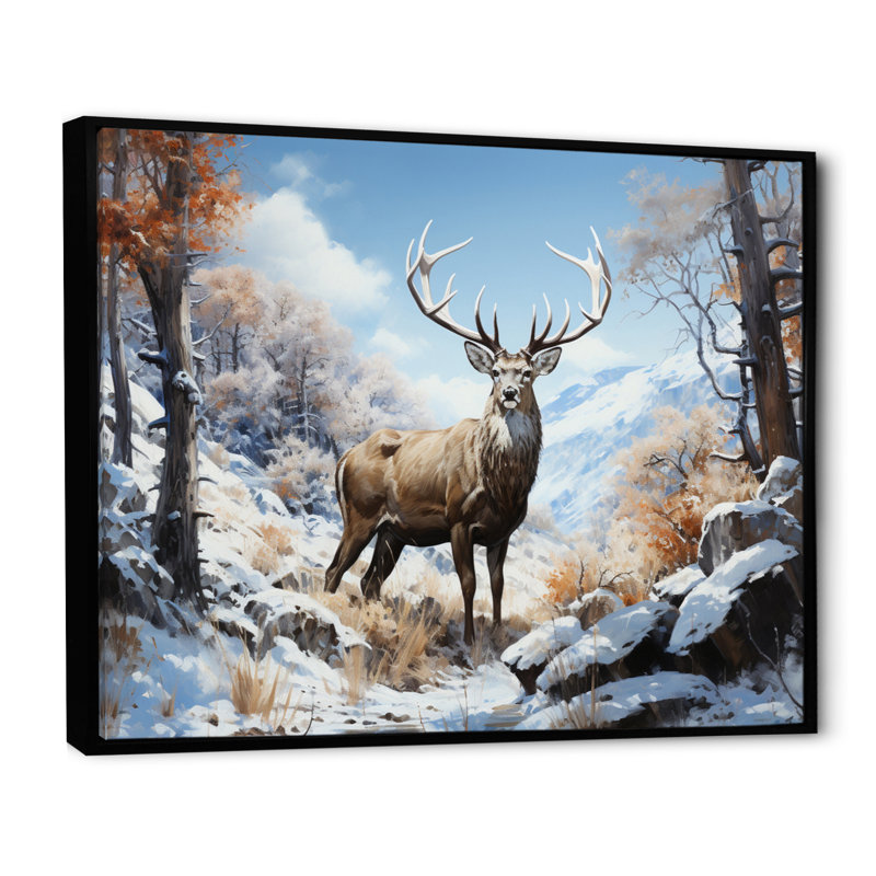 «Deer Winters Elegance» sur impression sur toile, H 34 po x l 44 po, Cadre flottant noir