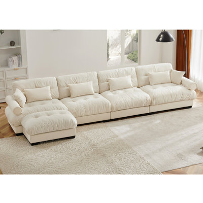 L Shaped Sectional Cloud Sofa , Convertible Deep 4 Seater Modular Couch For Living Room,Modern Velvet Comfy Upholstered Corner Couch  Waist Pillows, Throw Pillows And Blostered Armrests