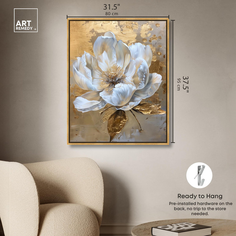 Athenas Flower Canvas Glamorous Feminine Wall Art by Art Remedy, 37" H x 31" W, Gold Framed