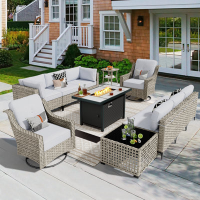 8-person  Outdoor Sectional With Cushions,swivel Rockers,led Coffee Table And Fire Pit,all-weather Wicker Patio Set	
