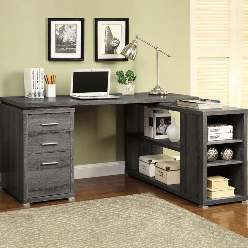 Bureau en L gris vieilli avec tablettes de rangement polyvalentes et tiroirs