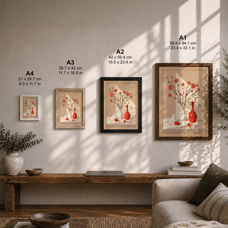 Red Vase and Carnations Art Deco - Framed Print, A4 - 29.7 x 21.0 cm, Walnut