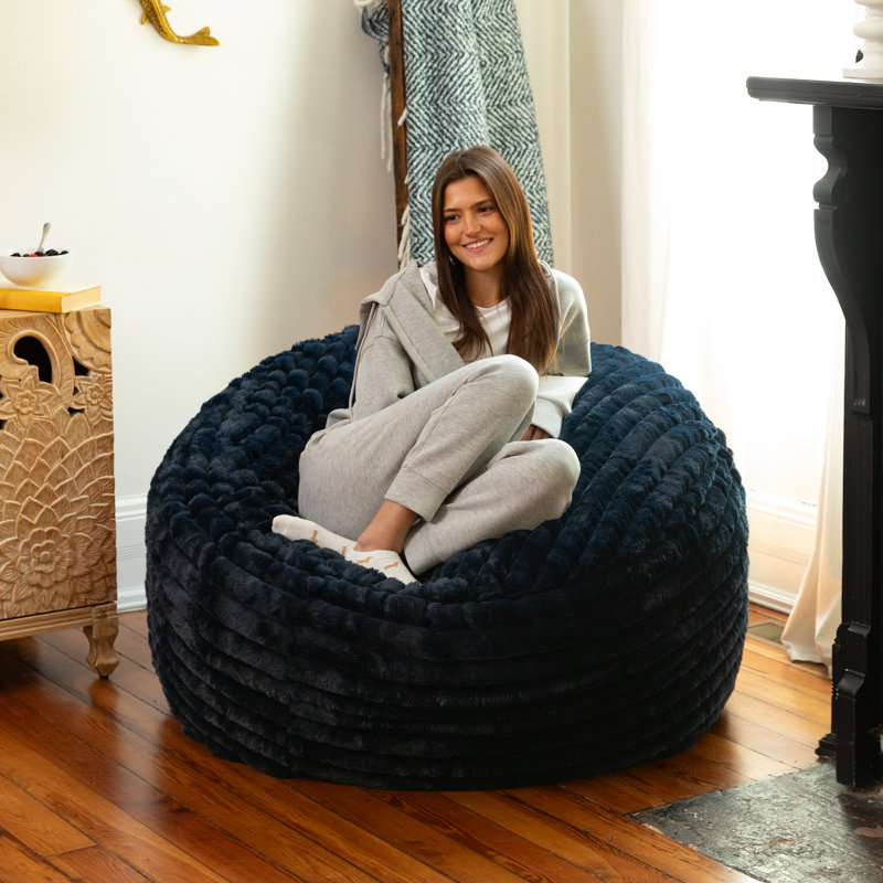 Saxx 4Ft - Large Round Bean Bag For Adults - Luxuriously Soft Plush Faux Fur, Midnight Blue Faux Fur