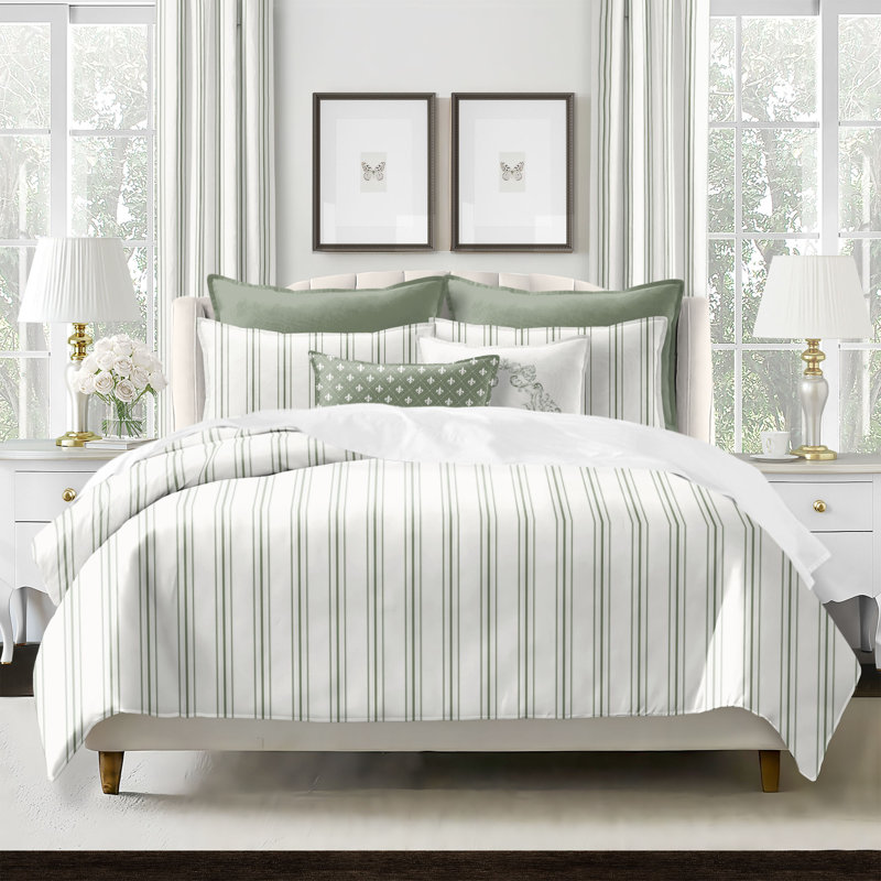 August Stripe Reversible Cotton Duvet Cover Set, Sweet Grass, Full Duvet Cover + 2 Standard Shams