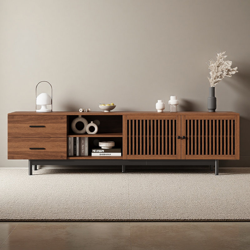 Meuble télé moderne de 78 po pour téléviseur de 85 po ou moins, centre de divertissement avec tiroirs profonds et gestion des câbles, charnières à fermeture en douceur, pieds en bois massif pour le salon