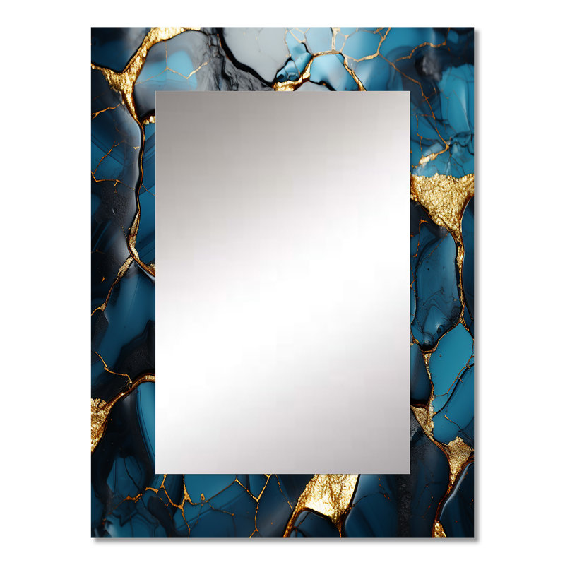 Gold and Blue Marble Mosaic Agate II - Large Wall Mirror On Metal, 32" x 24"