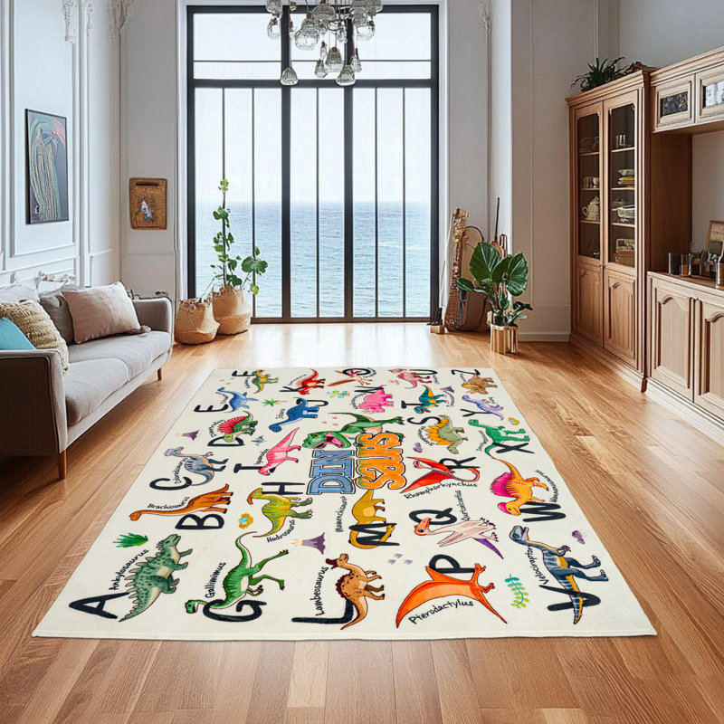 3x4ft Children's Area Rug, Dinosaur Alphabet Pattern, Faux Cashmere Non-Slip Carpet, Suitable for Living Room, Bedroom, Children's Room, Home Decor