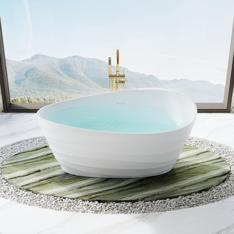 Baignoire de trempage autoportante à surface solide l 62 po x P 35 po avec bonde escamotable et trop-plein à rainure, blanc