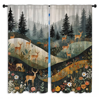 Rideaux de fenêtre cerf dans un paysage de forêt obscurcissant et obscurcissant - 2 panneaux