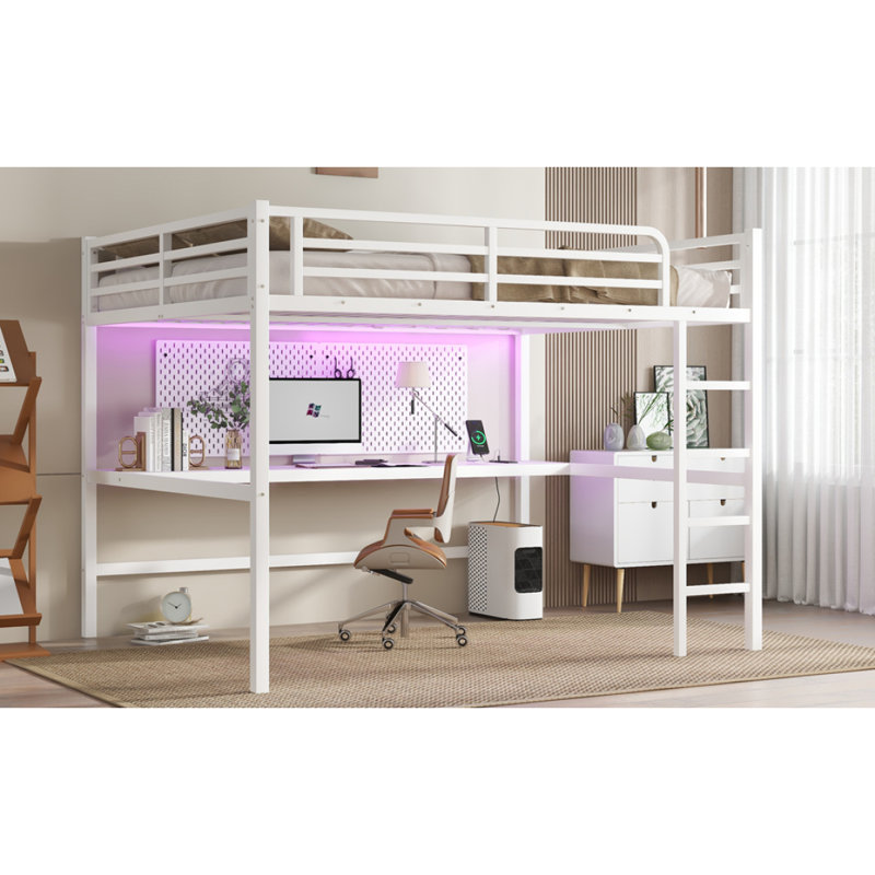 Grand lit mezzanine en métal avec prise de courant et éclairage DEL, peu encombrant, réduit le bruit, blanc, Blanc cassé