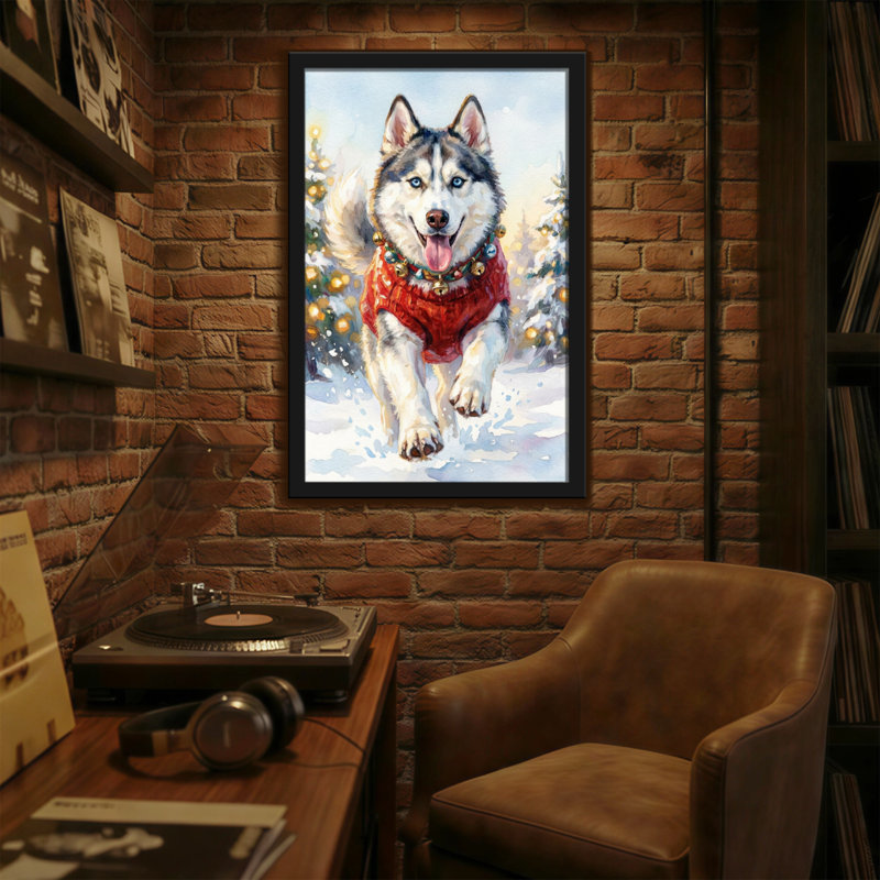 Animaux, chien Husky dans un chandail rouge, scène de Noël enneigée, H 18 po x l 12 po