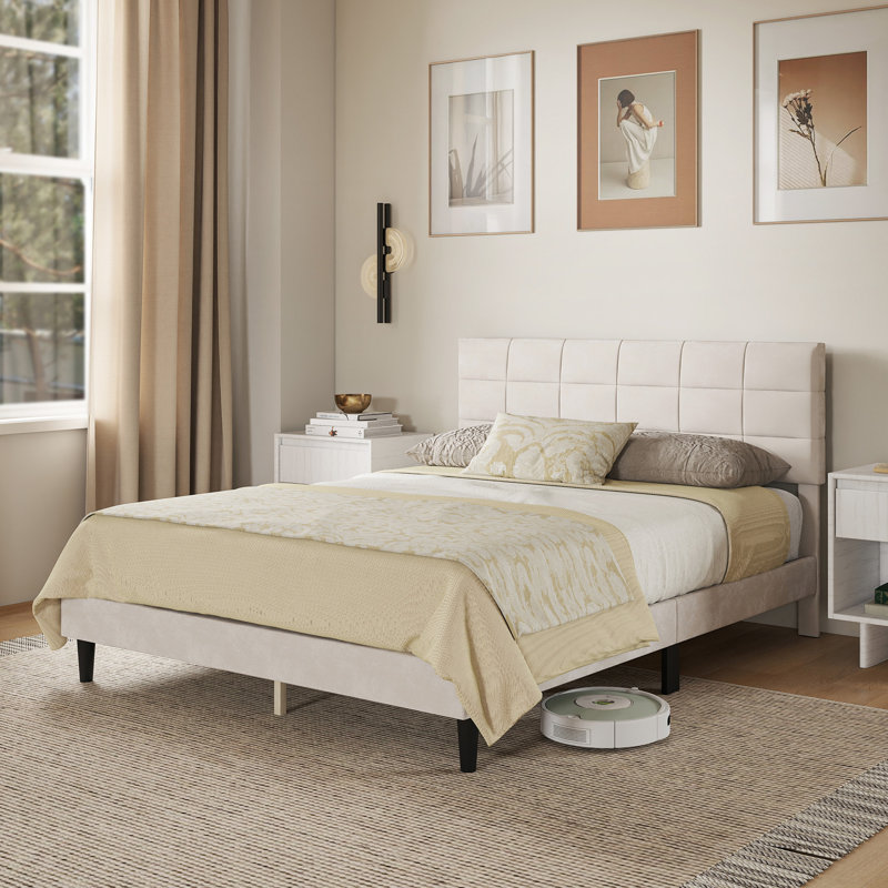 Cadre de grand lit avec tête de lit plateforme tapissier crème, Crème, Grand lit