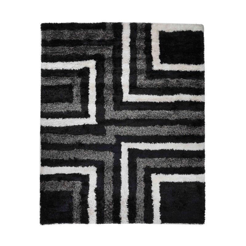 Hand Tufted Shag Polyester Eco-Friendly Area Rugs - Rectangle, Black Beige Color, Geometric Modern Design, High Pile Thick Handmade Anti Skid Area Rugs for Living Room, Bed Room