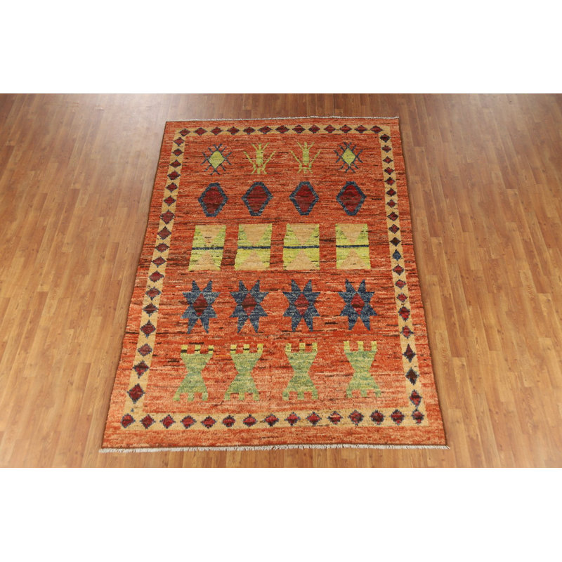 Tapis oriental marocain orange en laine 7 x 10