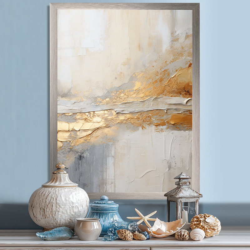 Art abstrait doré et beige fusion I - plage côtière, H 32 po x l 24 po x P 1 po, Cadre flottant doré