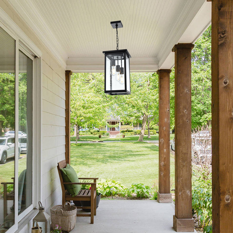 Modern Industrial Black Outdoor Pendant Light With Seeded Glass Panels, 3-Light Exterior Hanging Lantern With Adjustable Chain For Porch, Patio, Entryway And Gazebo, Weather-Resistant Farmhouse Ceiling Lighting Fixture In Matte Black Finish