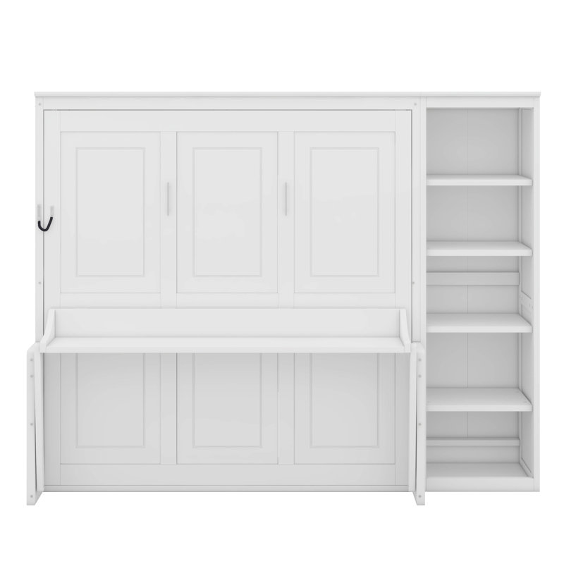 Grand lit escamotable avec bureau et bibliothèque, Blanc, Grand lit