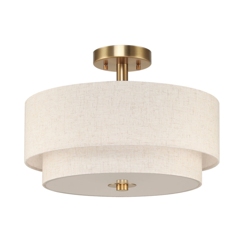 Brushed Brass Semi Flush Ceiling Light with Dual Drum Shade