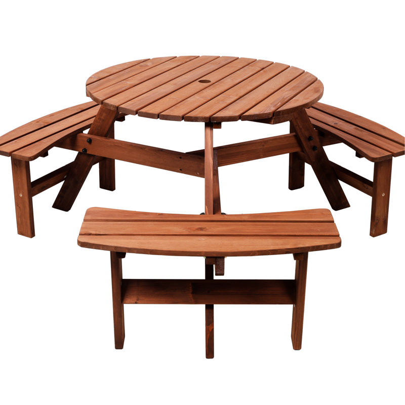 Table de pique-nique ronde en bois pour 6 personnes, avec 3 bancs, trou pour parasol, plateau de 89 cm, stable et robuste, bords arrondis, 18,5 kg, brun, solide