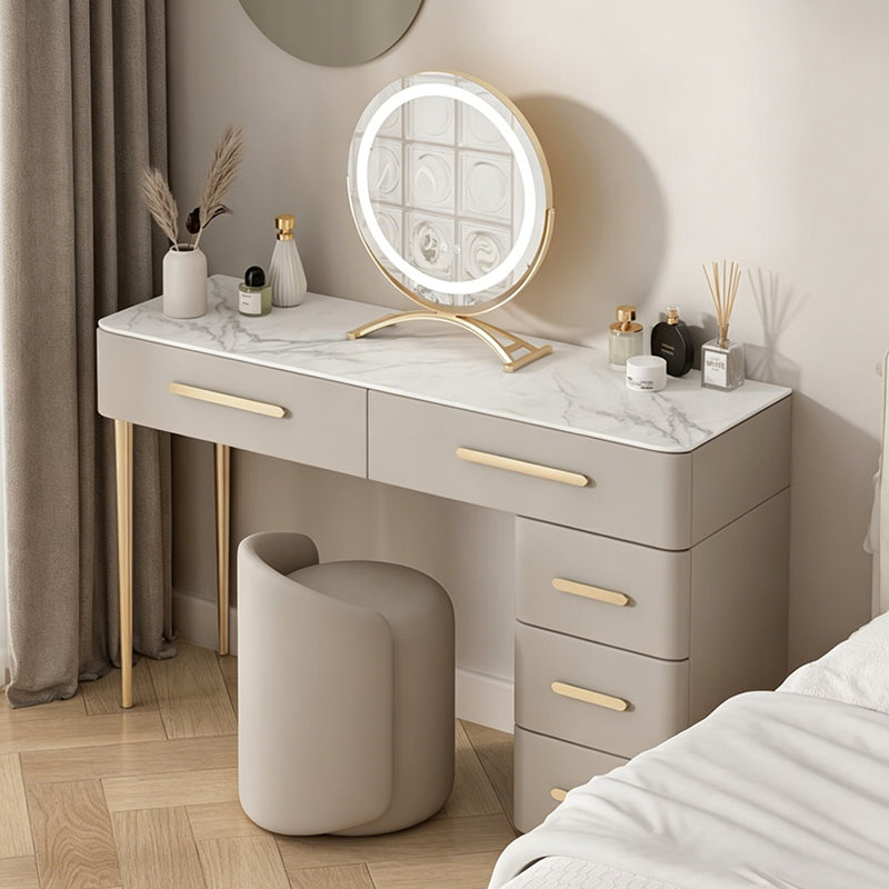 Coiffeuse 31,5 "en bois massif de style granit gris avec miroir de maquillage, H 31,5 po x l 31,5 po x P 16,54 po