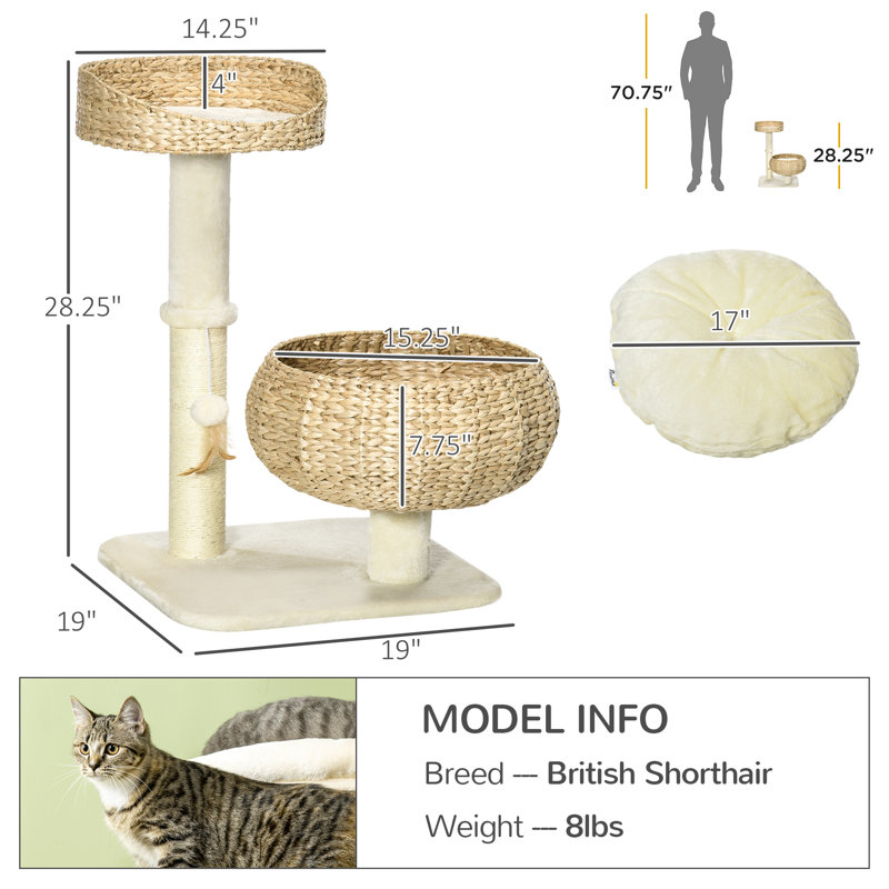 Lit pour chat surélevé de 28 po avec poteau à griffes en sisal pour chat d'intérieur, arbre à chat moderne avec panier mignon, petit arbre à chat avec jouet amusant