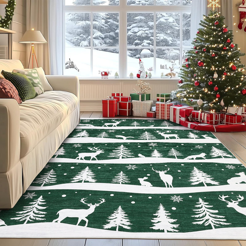 Christmas Non-Slip Area Rug for Living Room – Low Pile Washable Mat with Xmas Tree, Reindeer & Snowflake – Soft Holiday Home Decor for Bedroom, Dining Room
