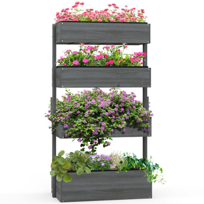 Outsunny Vertical Garden Planter, Wooden 4 Tier Planter Box, Self-Draining With Non-Woven Fabric For Outdoor Flowers, Vegetables And Herbs, Gray