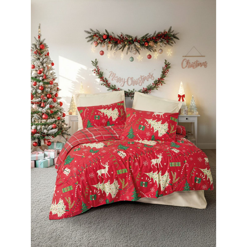 Christmas-Themed Ranforce Single XXL Quilt Cover Set, 61 x 87, 100% Cotton, Red & Green Color Scheme | Includes 1 Pillowcase (31.5 x 31.5) | Machine Washable, Soft & Durable, Perfect for Holiday Decor