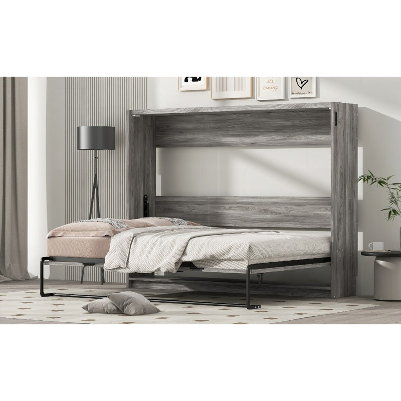 Lit escamotable pleine grandeur avec armoire pliante, sans sommier tapissier, gris