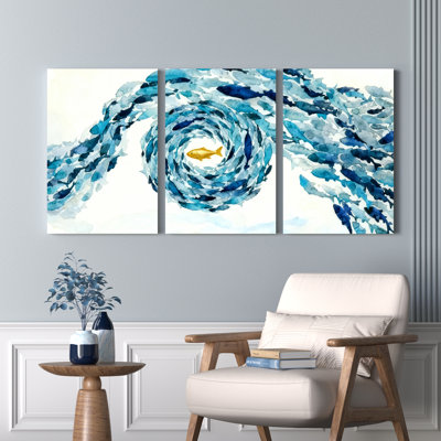 «Abstract Ocean Wave Spiral with Golden Fish», reproduction d'art sur toile tendue sur toile, ensemble de 3