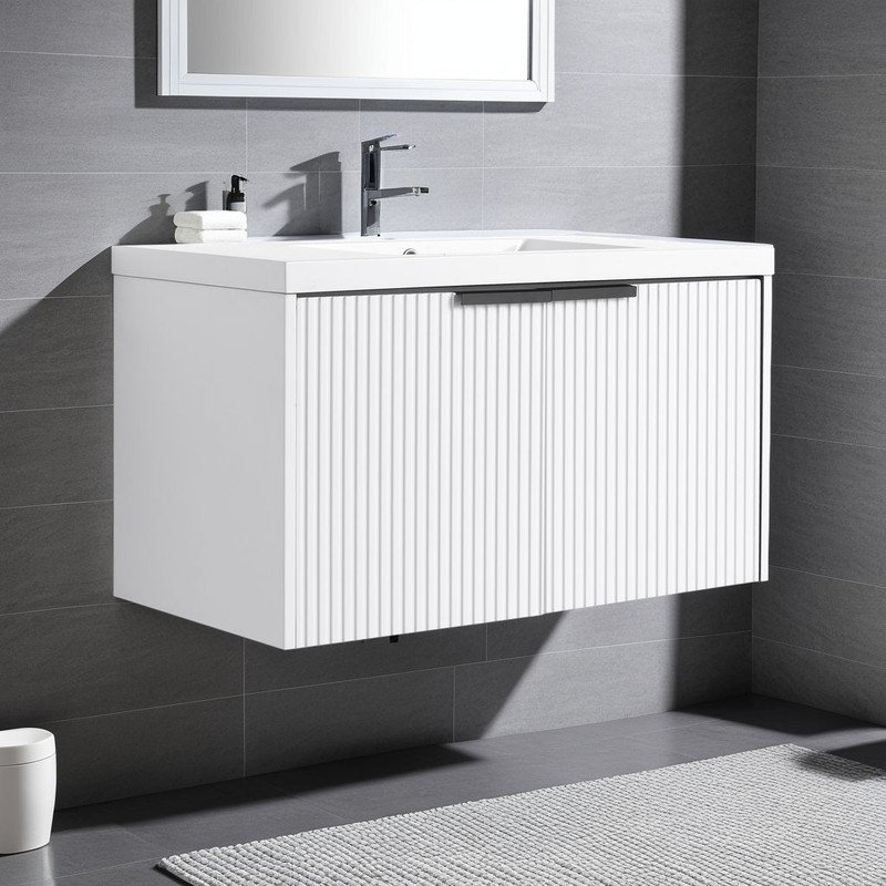 Ensemble de meuble-lavabo flottant 36 po - Design ondulé, lavabo en résine, portes à fermeture en douceur?, Blanc