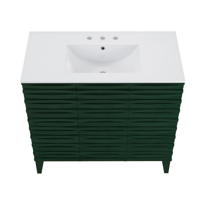 Meuble-lavabo autoportant Cascade 36 po en chêne vert avec comptoir à 3 trous, 8 po, Blanc, Blanc lustré