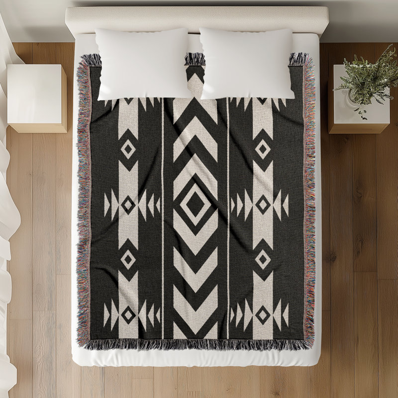 Couverture en mélange de coton Fika South Western, L 60 po x l 50 po, Noir/Blanc cassé