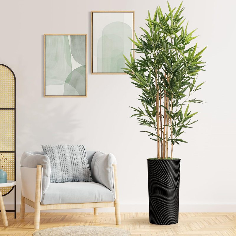 Artificial Tree in Blue and White Planter Fake Bamboo Silk Tree (Plant Pot Plus Tree), Fingerprint Black